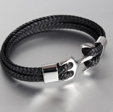 2 STRAP LEATHER BRACELET STAINLESS STEEL MODERN ANCHOR BLACK